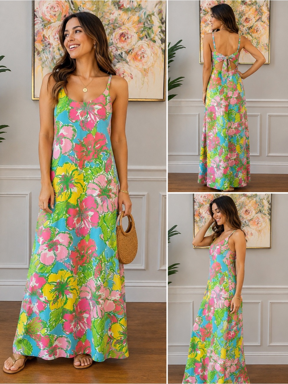 Lilly Pulitzer XS Tropical Floral Maxi Dress Open Back Tie 100% Pima Cotton